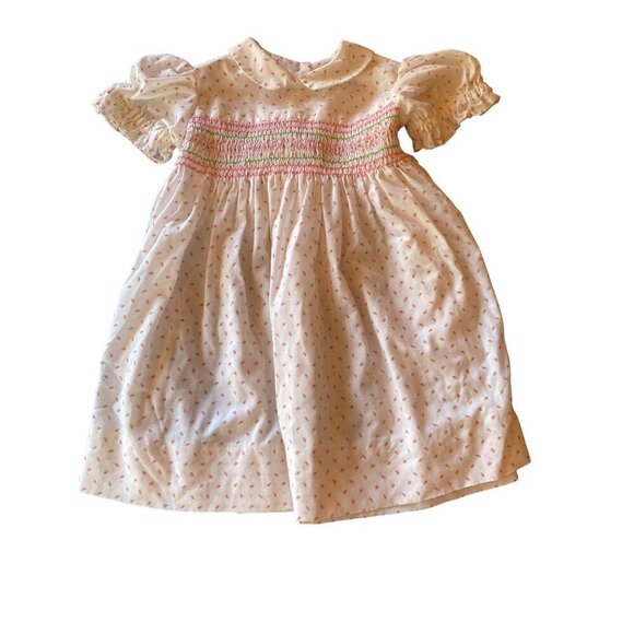 Handmade Pink Rosebud Print Smocked Girls Dress Size 3